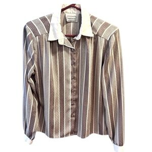 Vintage Taupe/Cream Patterned Haberdasher Blouse/Detachable Cream Bow. Size=M?